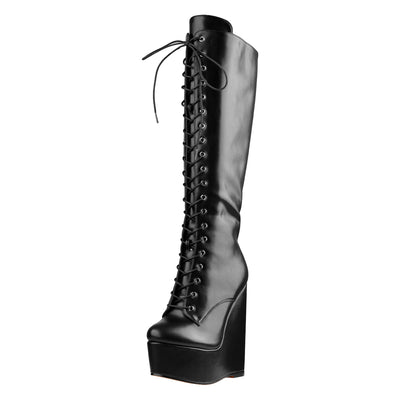 Round Toe Wedge Heel Lace Up Zip Over the Knee Boots