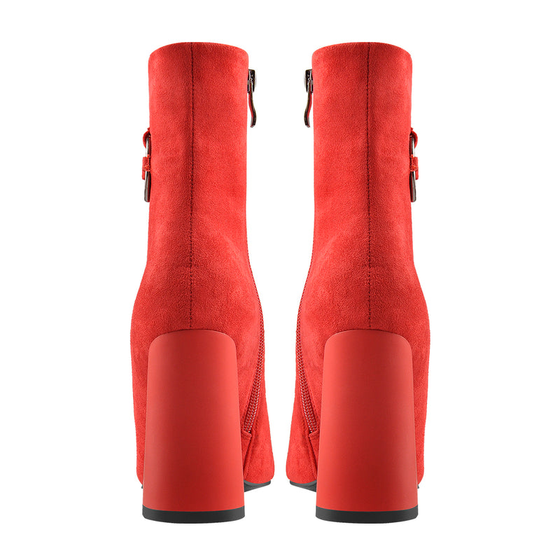 Red Suede Zip Chunky Frosted High Heels Boots