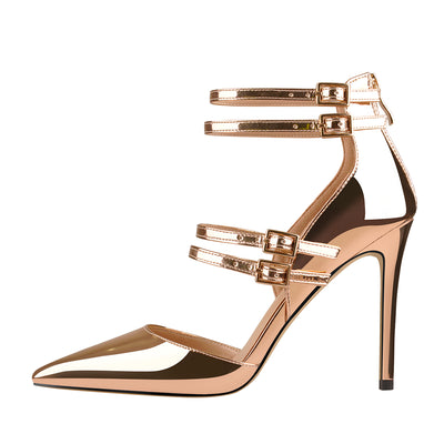 Golden Pointed Toe Double Buckle Strap High Heels Pumps