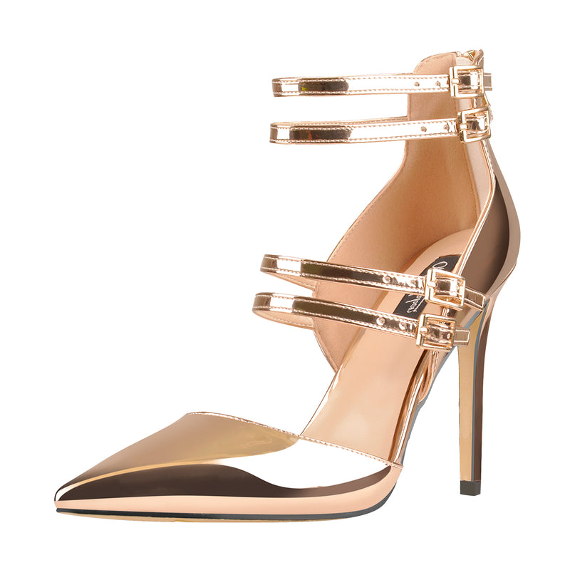 Golden Pointed Toe Double Buckle Strap High Heels Pumps