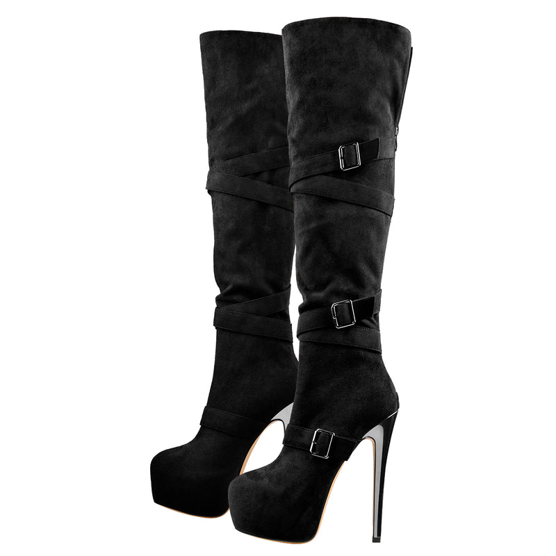 Black Suede Platform Buckle Stiletto Over The Knee High Boots
