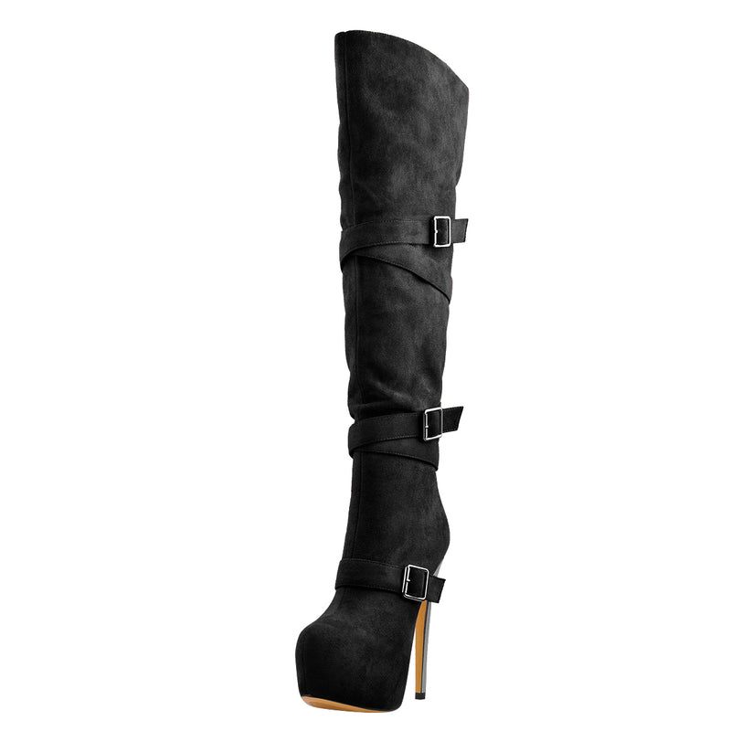 Black Suede Platform Buckle Stiletto Over The Knee High Boots
