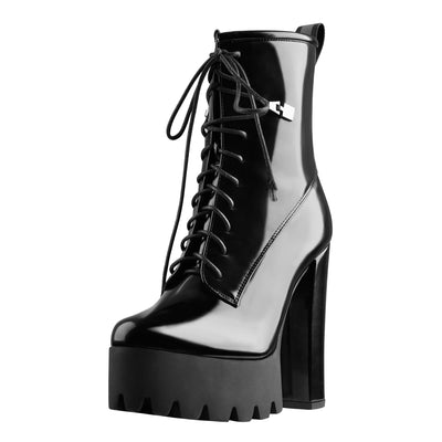 Lace Up Platform Round Toe Chunky Heels Ankle Boots