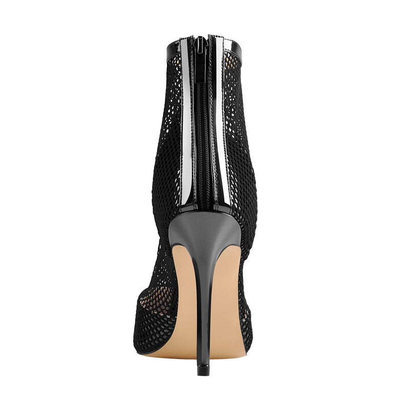 Pointed Toe Hollow Network Patent Leather High Heel Ankle Boots