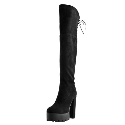 Faux Suede Lace Up Round Toe Thigh High Winter Bootie