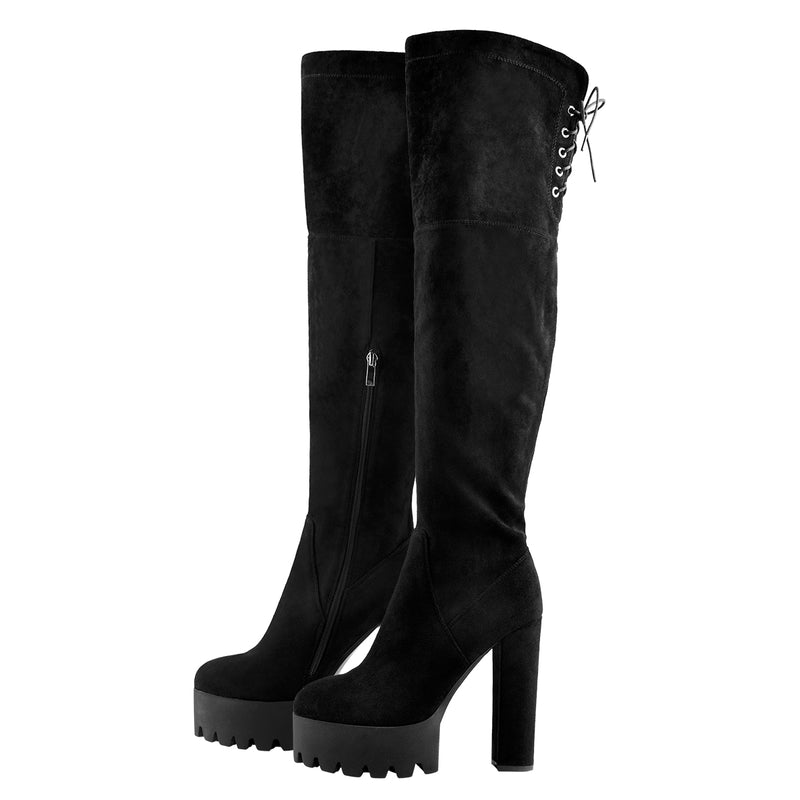 Faux Suede Lace Up Round Toe Thigh High Winter Bootie