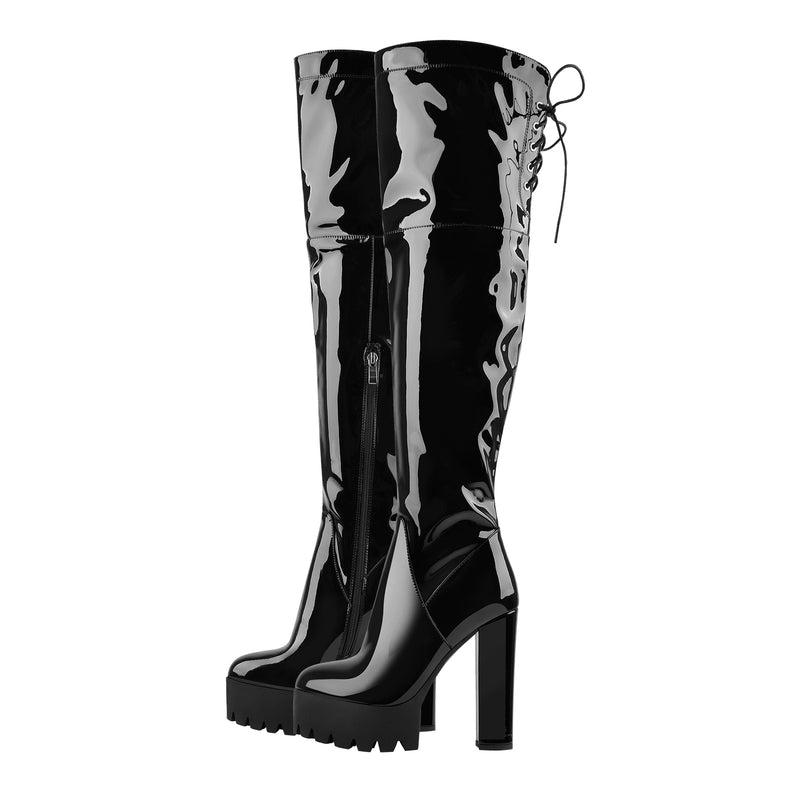 Patent Black Platform Lace Up Chunky Heels Knee High Boots