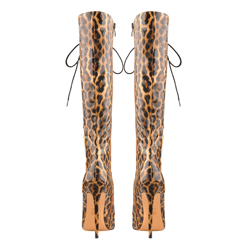 Lace up Leopard Pointed Toe Knee High Boots