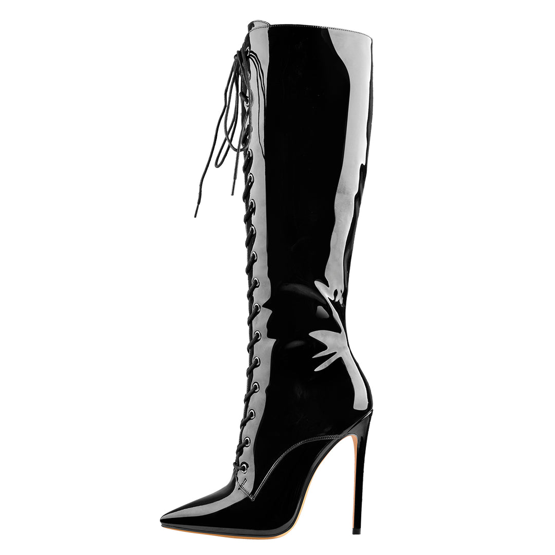 靴 Hand made Pointed toe leaher boots Black Patent Leather Lace Up Pointed Toe Knee High Boots – Onlymaker