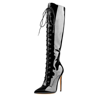 Black Patent Leather Lace Up Pointed Toe Knee High Boots