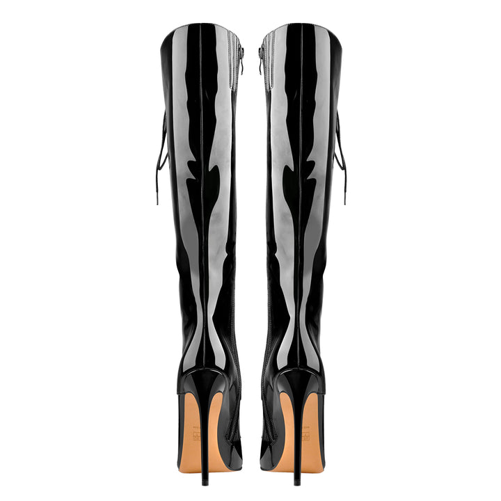 Black Patent Leather Lace Up Pointed Toe Knee High Boots – Onlymaker