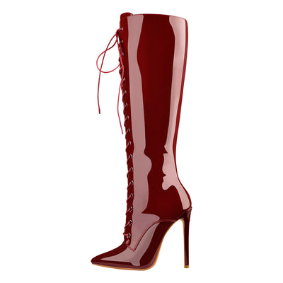 Red Patent Leather Lace Up Pointed Toe Knee High Boots
