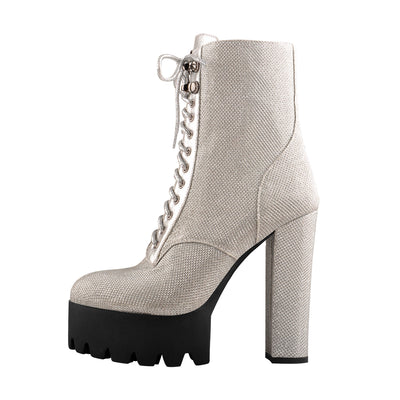 Round Toe Platform Lace Up Boots Silver Mesh Chunky Heels Ankle Booties