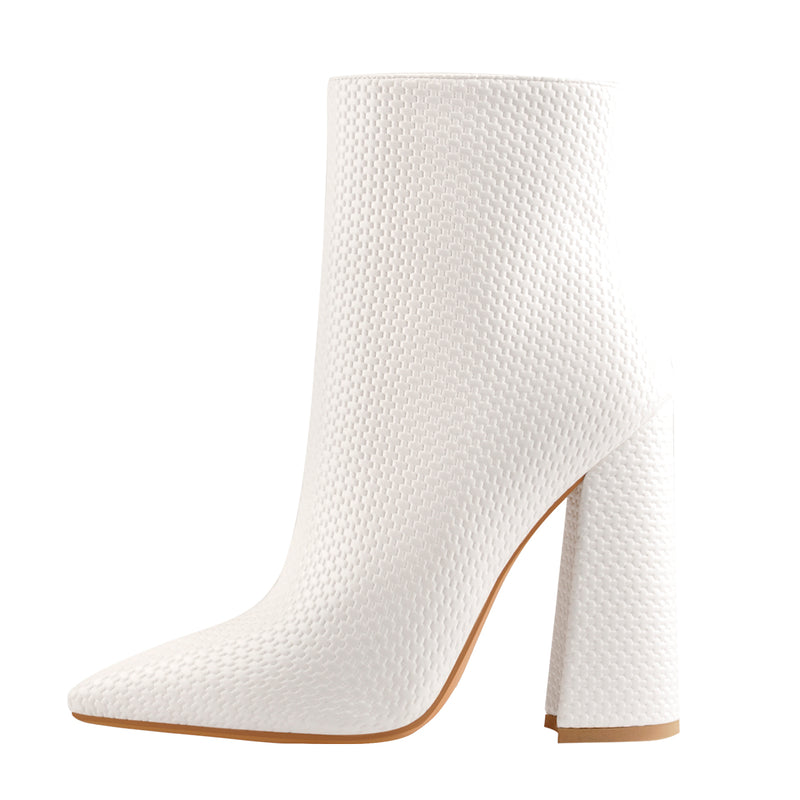 White Woven Pattern Back Zipper Squre Chunky Heel Ankle Boots