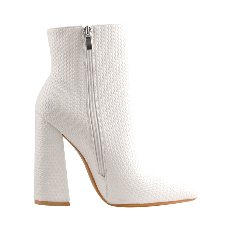 White Woven Pattern Back Zipper Squre Chunky Heel Ankle Boots