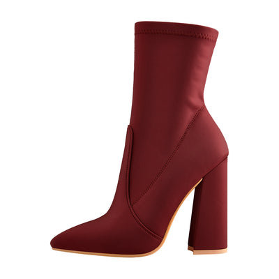 Pointed Toe Minimalistic Stretch Chunky Block High Heels Red Ankle Booties