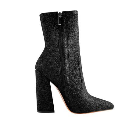 Pointed Toe Glitter Stretch Chunky Block High Heels Ankle Booties