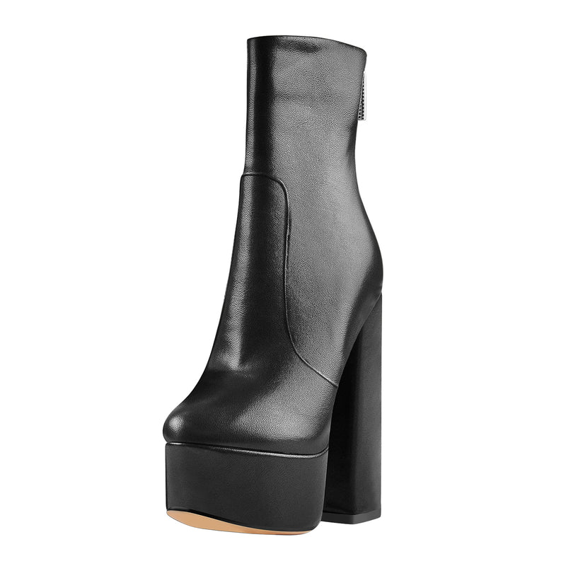 Round Toe Matte Black Platform Chunky Heels Ankle Zipper Boots