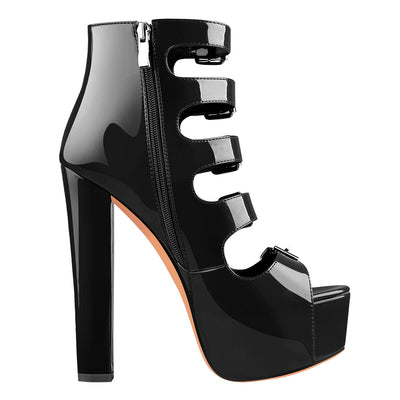 Patent Leather Platform Open Toe Five Buckle Strap Chunky Heels Ankle Sandals Boots