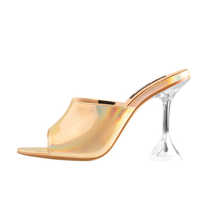 Golden Holographic Transparent Tapered Heel Sandals Mules