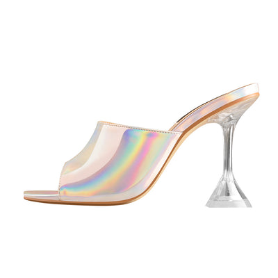 Holographic Transparent Tapered Heel Sandals Mules