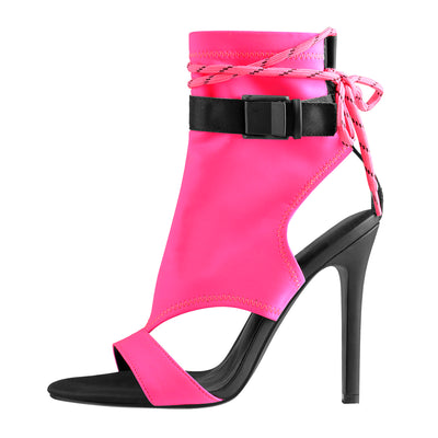 Open Toe Lace-up Ankle Buckle Pink High Heels Booties Sandals