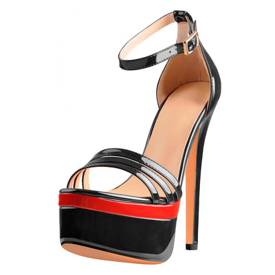 Patent Leather Round Toe Black Red Double Platform High Heel Ankle Buckle Strap Sandals