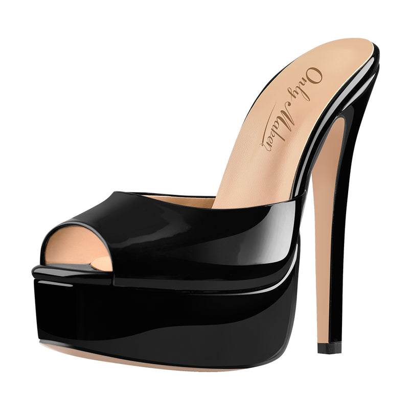 Peep Toe Black Patent Leather Stiletto High Heel Mules Sandals