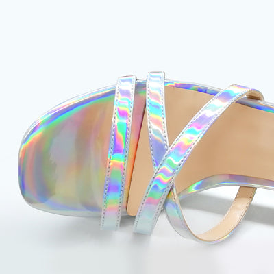 Holographic Open Toe Platform Cross Ankle Strap Chunky Square Heels Sandals