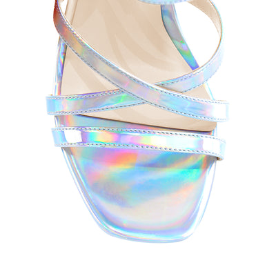 Holographic Open Toe Platform Cross Ankle Strap Chunky Square Heels Sandals