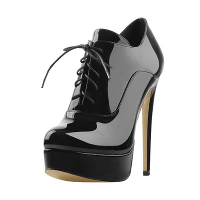 Platform Lace Up Stiletto High Heels Black Patent Leather Ankle Bootie