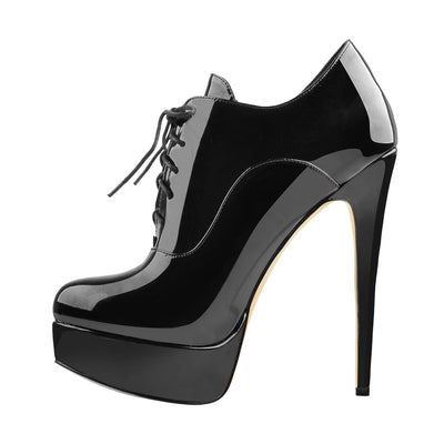 Platform Lace Up Stiletto High Heels Black Patent Leather Ankle Bootie