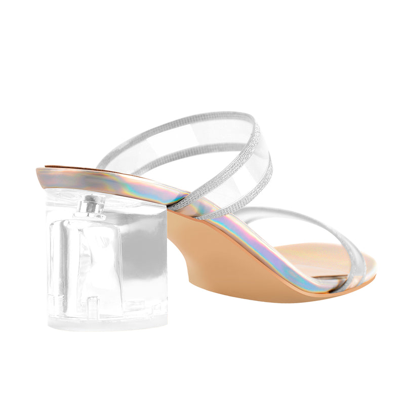 Holographic Slip-On Transparent Chunky Heels Mules