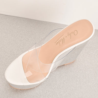 Platform Criss Cross Transparent Strap Slip On Glitter High Heels Wedge Sandals Mules