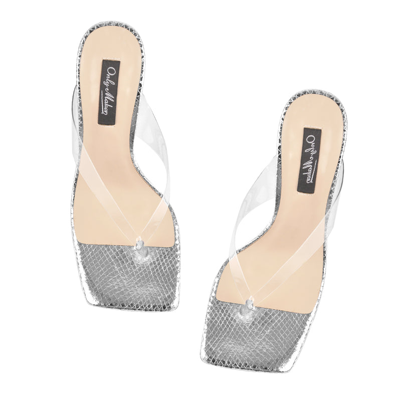 Snake Print Square Toe Transparent Tapered High Heel Thong Sandals