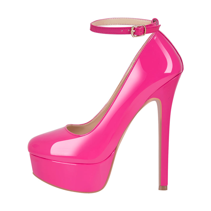 Round Toe Ankle Strap Platform Stiletto Pumps