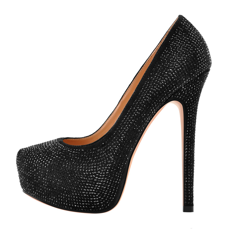 Black Platform Glitter Round Toe Stilettos Pumps – Onlymaker