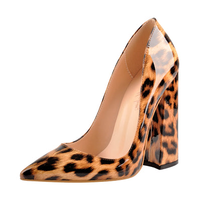 Leopard Pointed Toe Chunky Block Heel Pumps