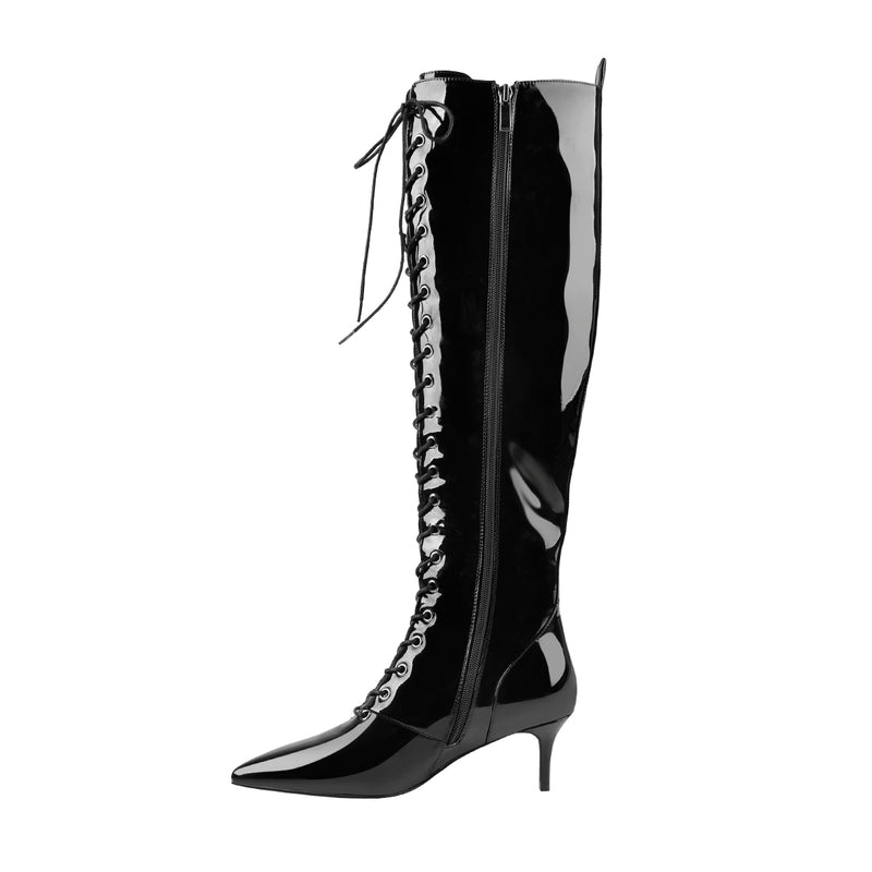 Patent Leather Pointed Toe Knee High Mid Heel Boots