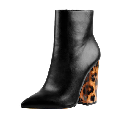 Matte Leather Pointed Toe Leopard Block Heels Ankle Boots