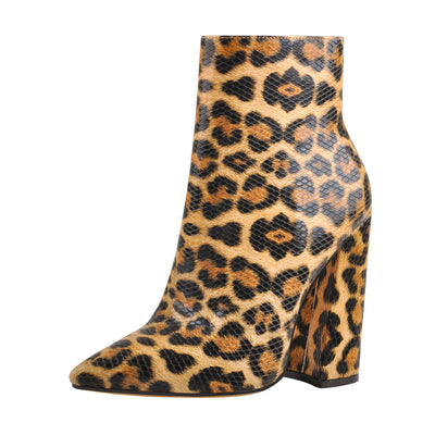 Leopard Pointed Toe High Heels Chunky Block Ankle Booties
