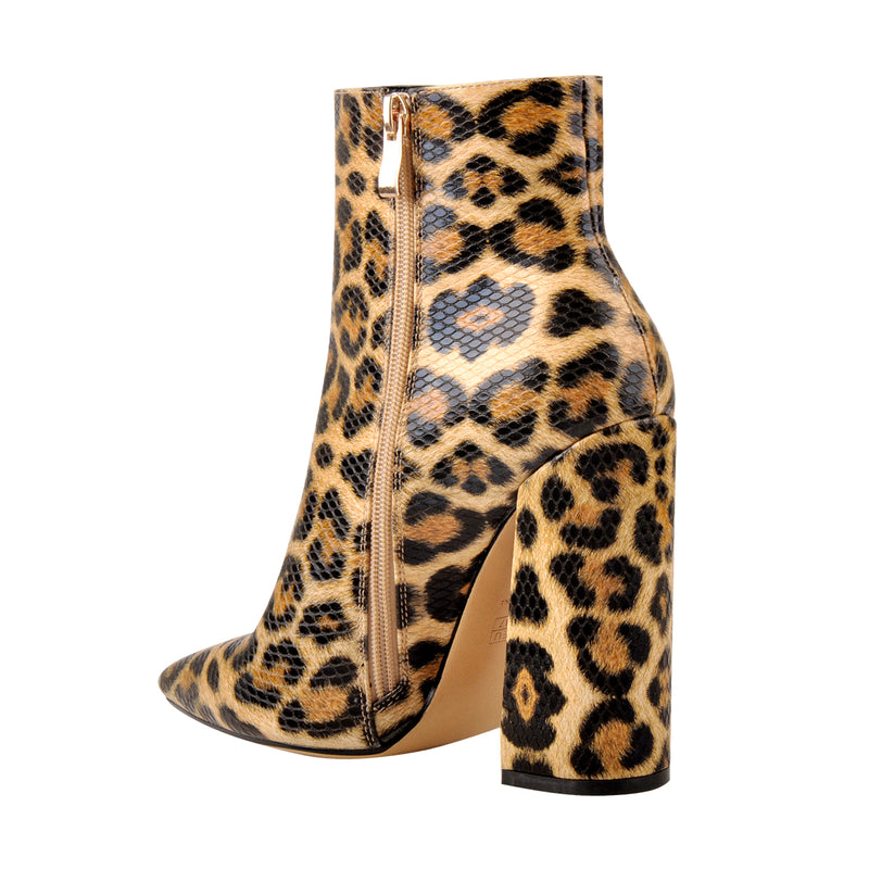 Leopard Pointed Toe High Heels Chunky Block Ankle Booties