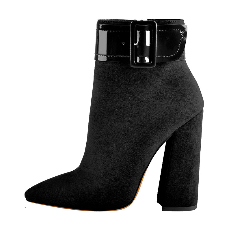 Pointed Toe Chunky Heels Ankle Buckle Suede Boots