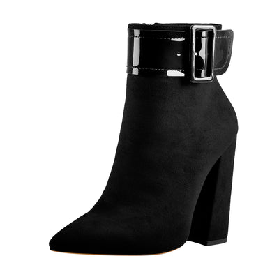 Pointed Toe Chunky Heels Ankle Buckle Suede Boots