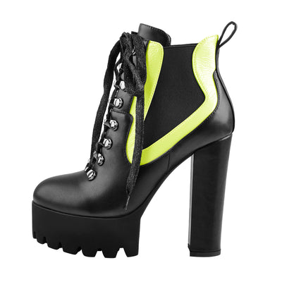 Round Toe Platform Chunky Heels Stitching Stretch Ankle Boots