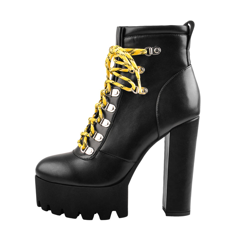 Yellow Strappy Round Toe Platform Chunky Heels Ankle Boots