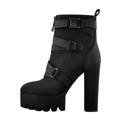 Platform Round Toe Zipper Strap Chunky High Heels Ankle Boots