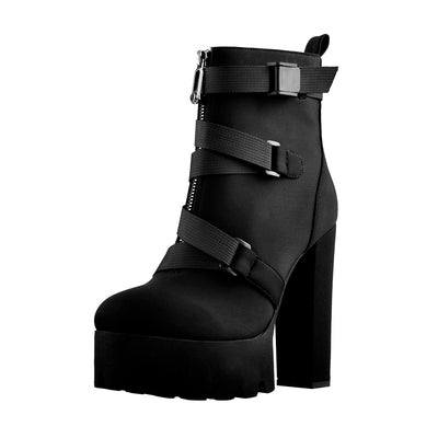 Platform Round Toe Zipper Strap Chunky High Heels Ankle Boots