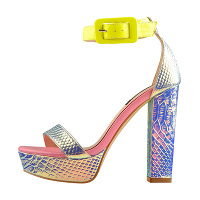Holographic Snake Pattern Open Toe Platform Chunky Square Heels Ankle Strap Sandals