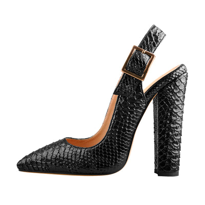 Slingback Pointed Toe Fish Scale Chunky Heel Pumps